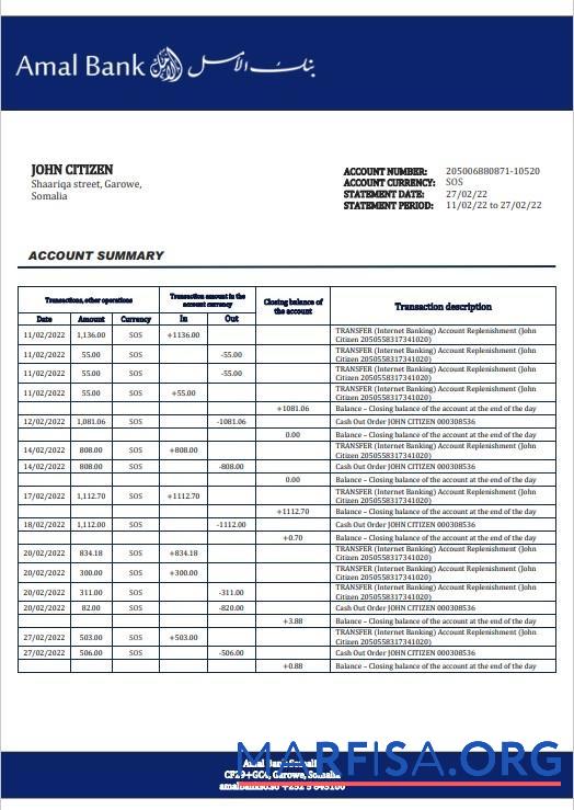 Printable Somalia Amal bank statement word template